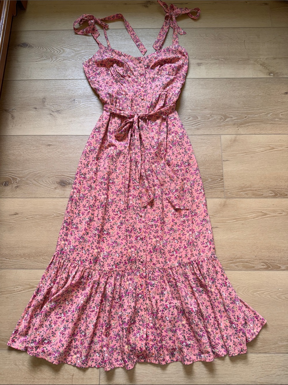 J. Crew Pink/Coral Floral Button-front midi dress with ruffle hem Cottagecore